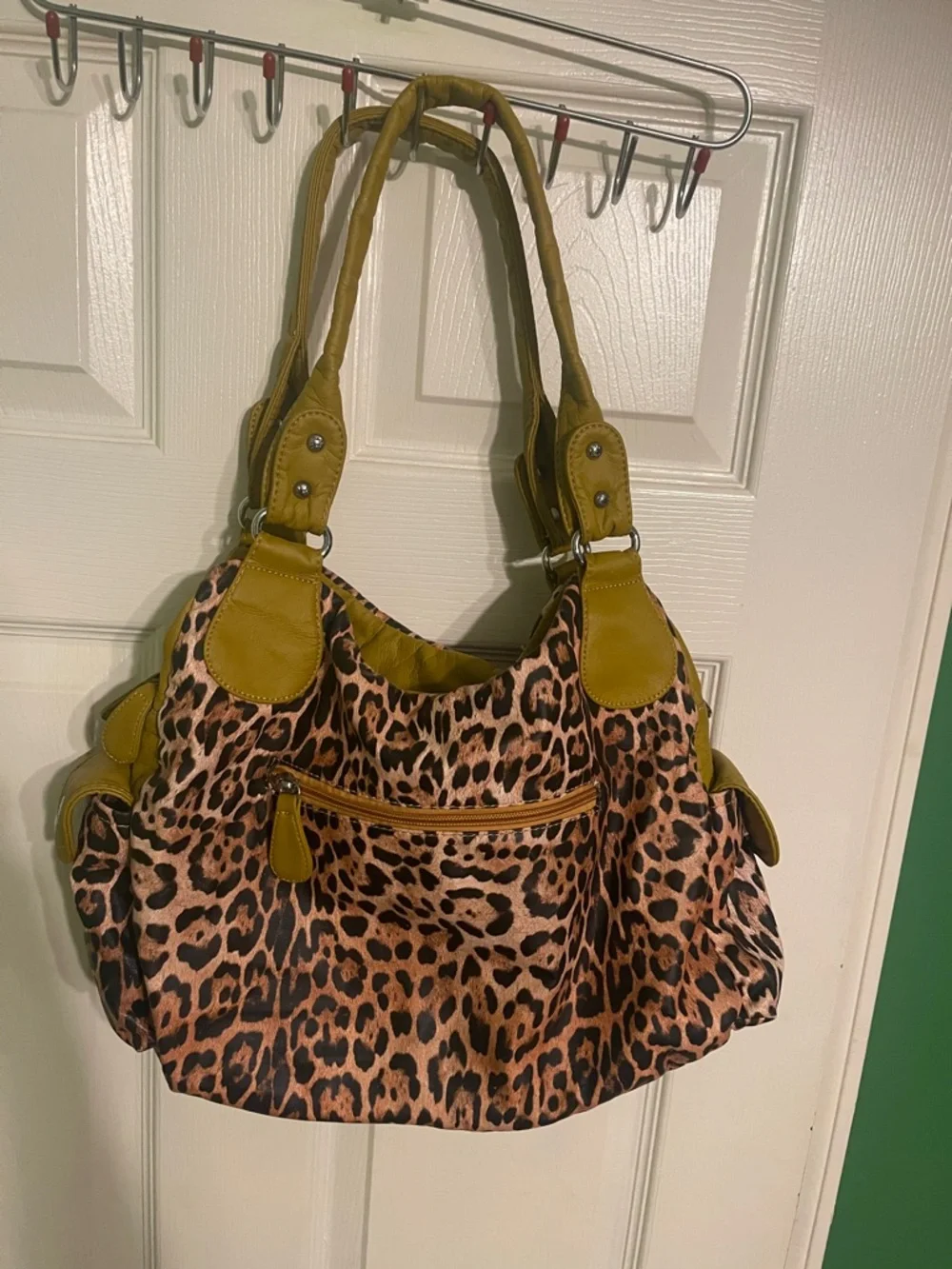 Angel Kiss Leopard Print Shoulder Bag with Olive Green Trim - Picture 2 of 7